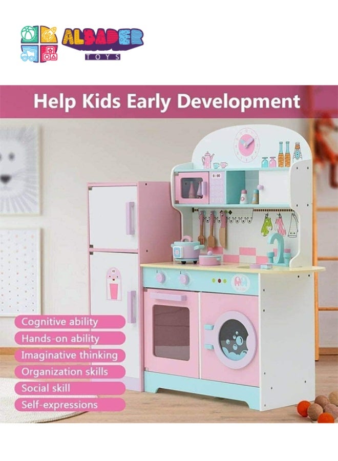 AL BADER Wooden Kitchen Toy With Oven And Cook Food Toys Set And Ice Maker, Large wooden kitchen with Storage places, Interactive Brand Play Kitchen for Girls & Boy 3-10 Years (Colorful, 89*29*101) - Image 4